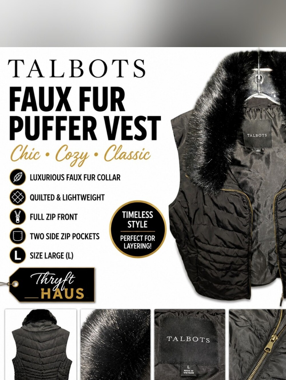 Talbots Black Quilted Puffer Vest with Faux-Fur Collar